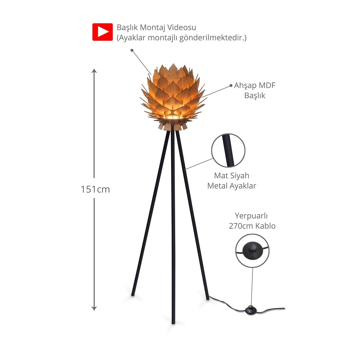 Lotus Metal Ayaklı Yerpuar Anahtarlı Ahşap Modern Tripod Üç Ayaklı Lambader Aydınlatma (Ceviz)