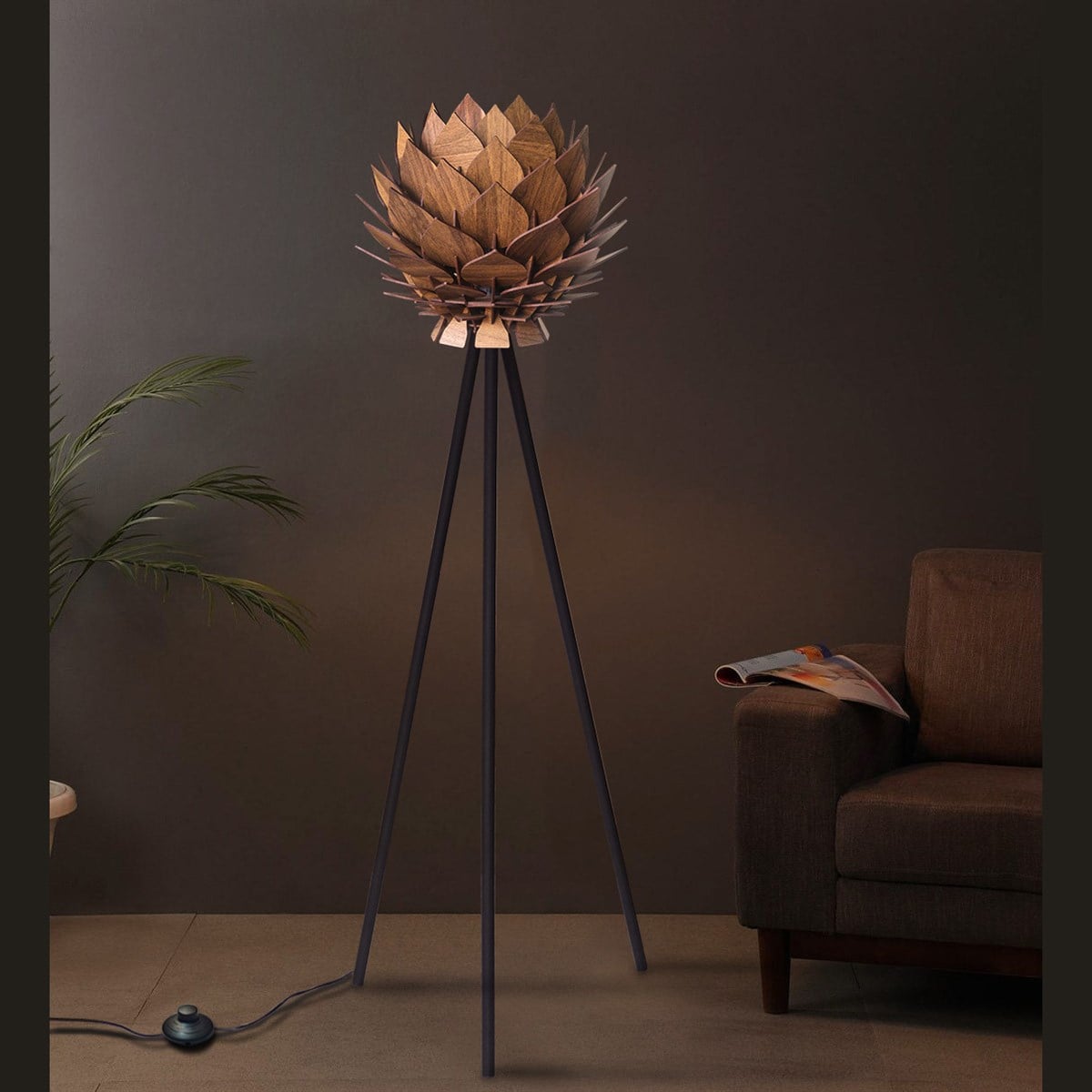 Lotus Metal Ayaklı Yerpuar Anahtarlı Ahşap Modern Tripod Üç Ayaklı Lambader Aydınlatma (Ceviz)
