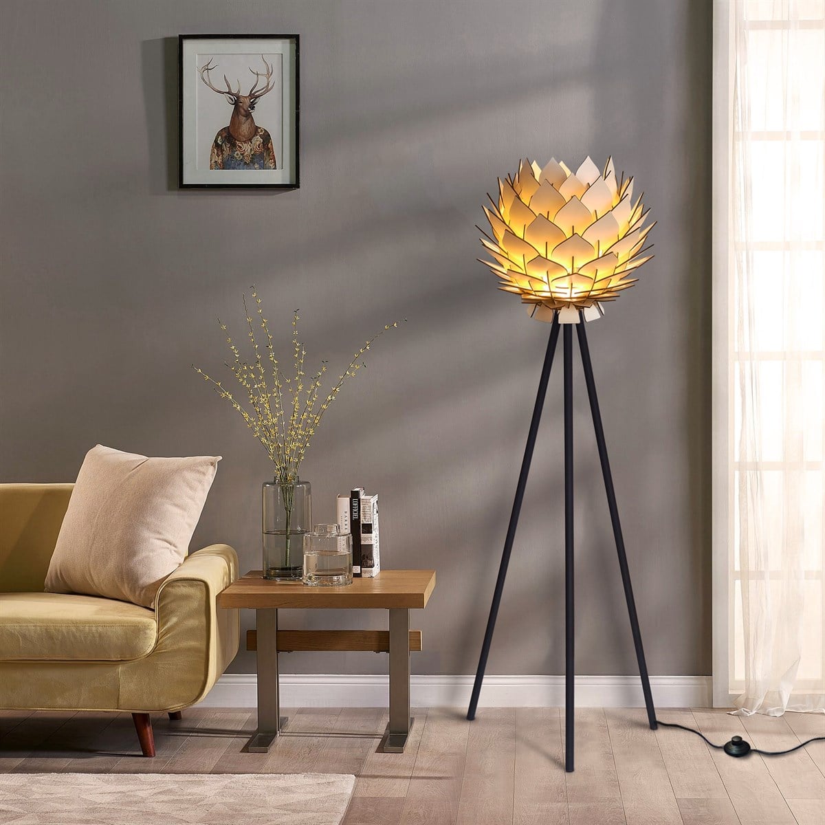 Lotus Metal Ayaklı Yerpuar Anahtarlı Ahşap Modern Tripod Üç Ayaklı Lambader Aydınlatma (Bej)