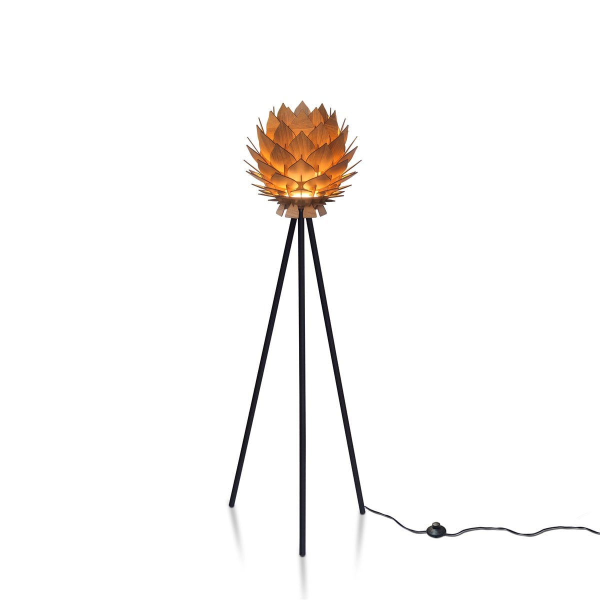 Lotus Metal Ayaklı Yerpuar Anahtarlı Ahşap Modern Tripod Üç Ayaklı Lambader Aydınlatma (Ceviz)