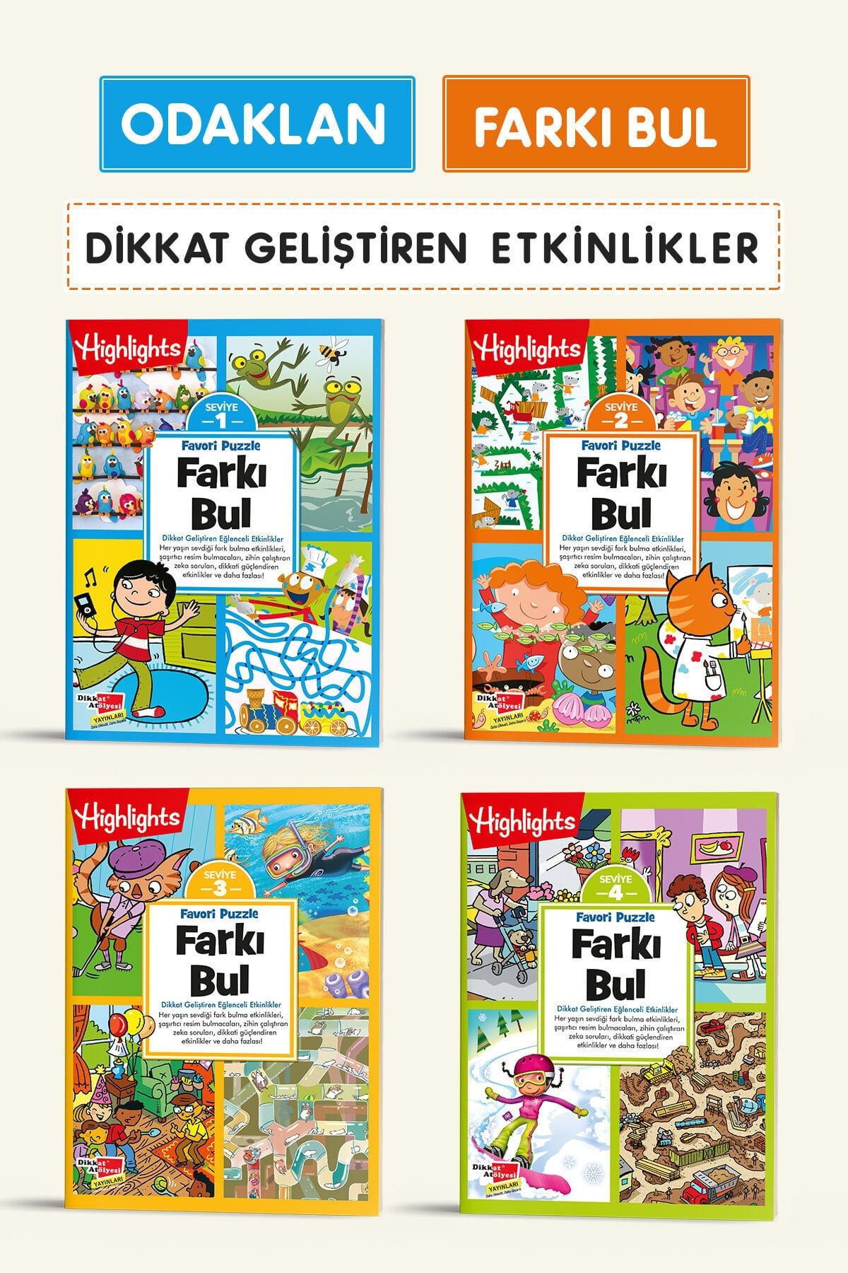 Farkı Bul 4’lü Set 5-9 Yaş Dikkat ve Zeka Geliştirme  200+ Aktivite