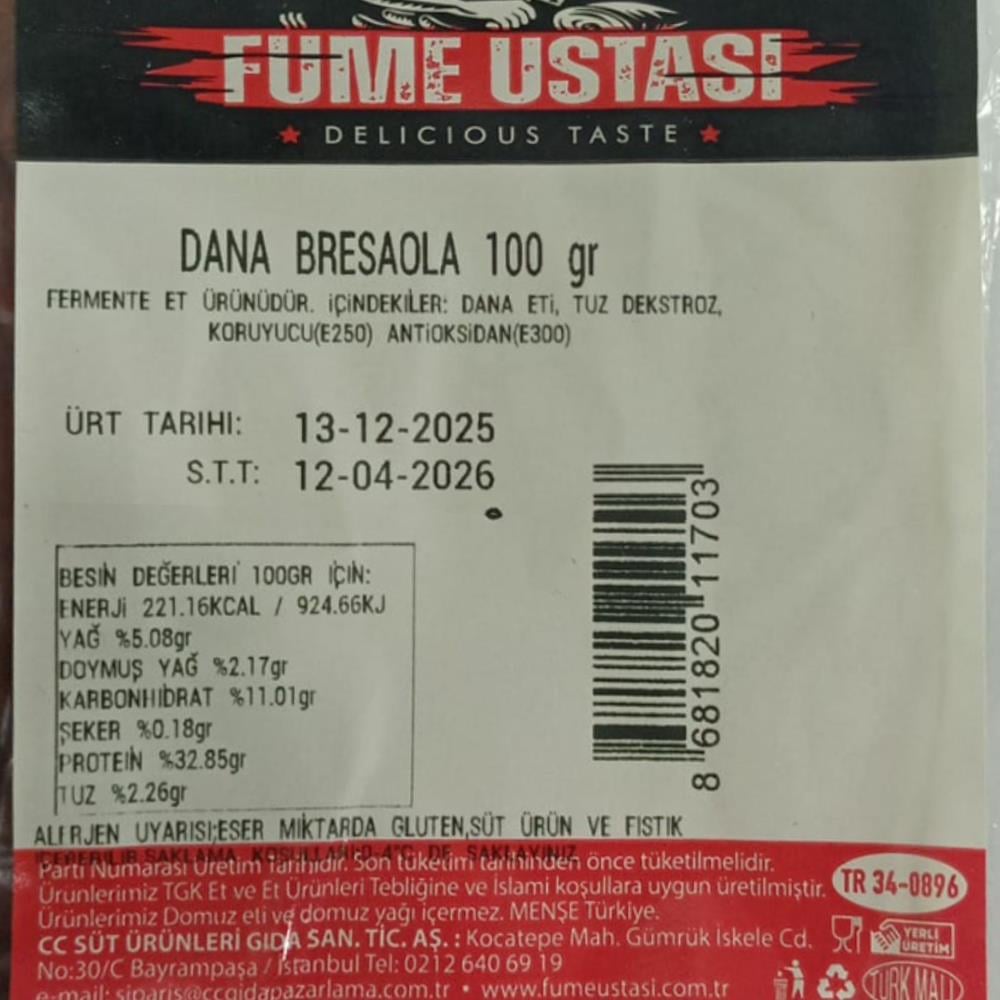 Dana Bresola Dilim (100 gr) Füme Ustası