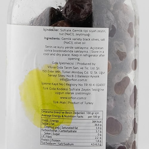 Gemlik Doğal Fermente Siyah Zeytin (1000 cc) Orfion