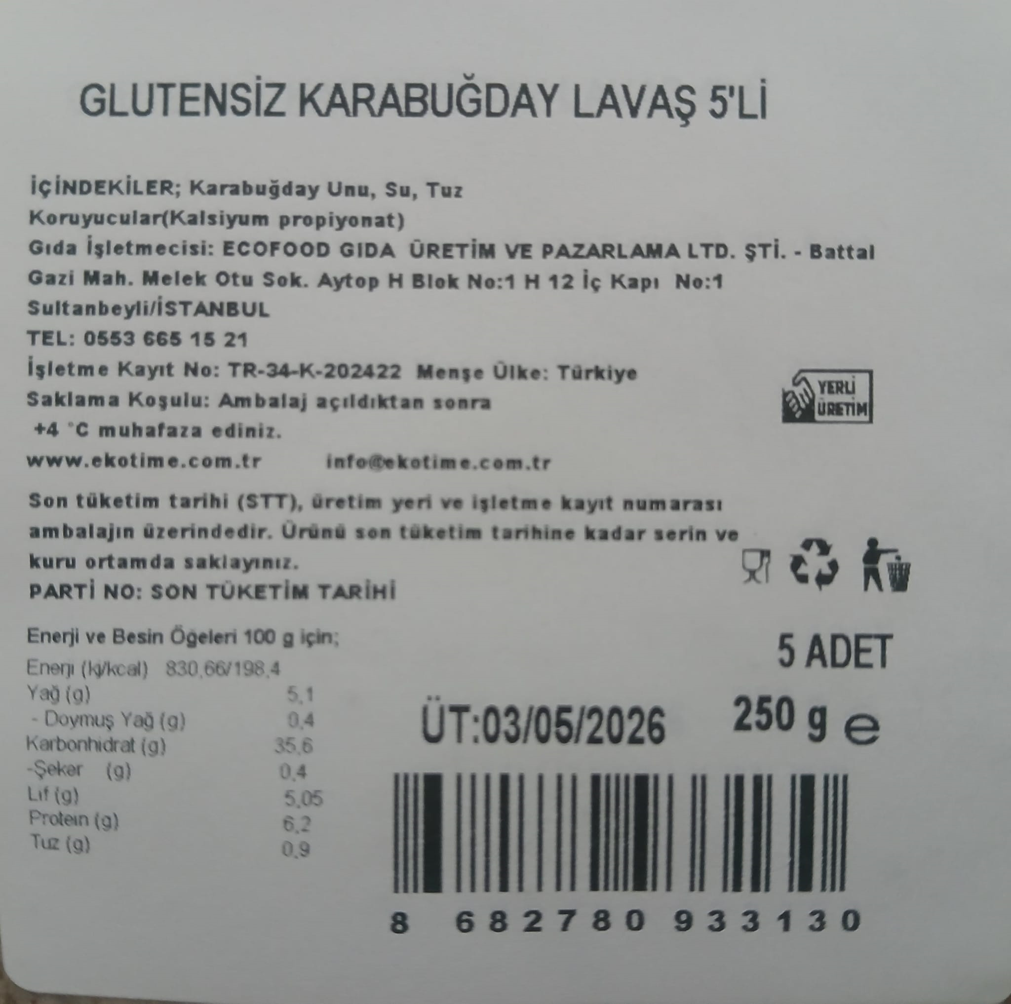 Glutensiz Karabuğday Lavaş 4'lü Paket Ekotime