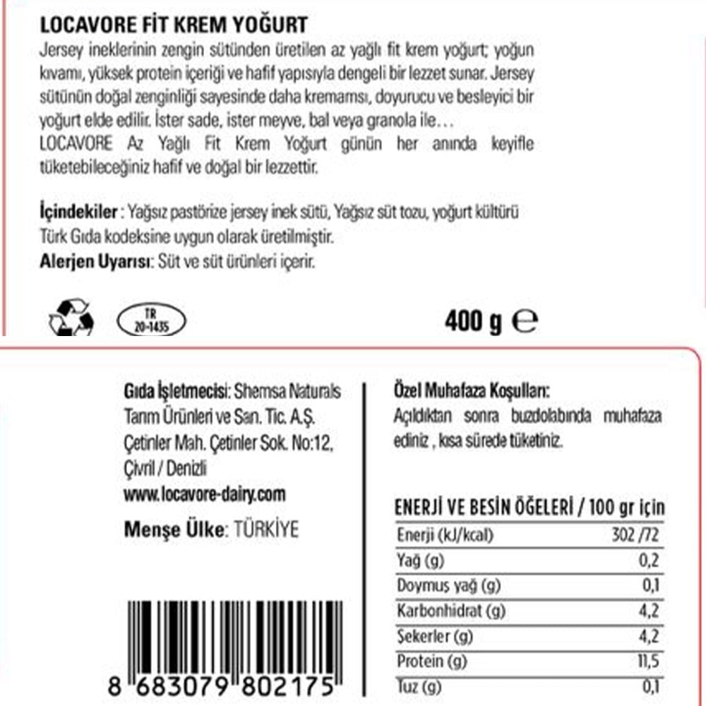 Jersey Krem Fit Light Yoğurt (400gr) Shemsa Naturals Locavore