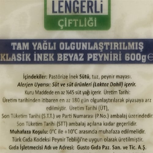 Klasik İnek Peyniri (600 gr) Tam Yağlı, Lengerli Çiftliği