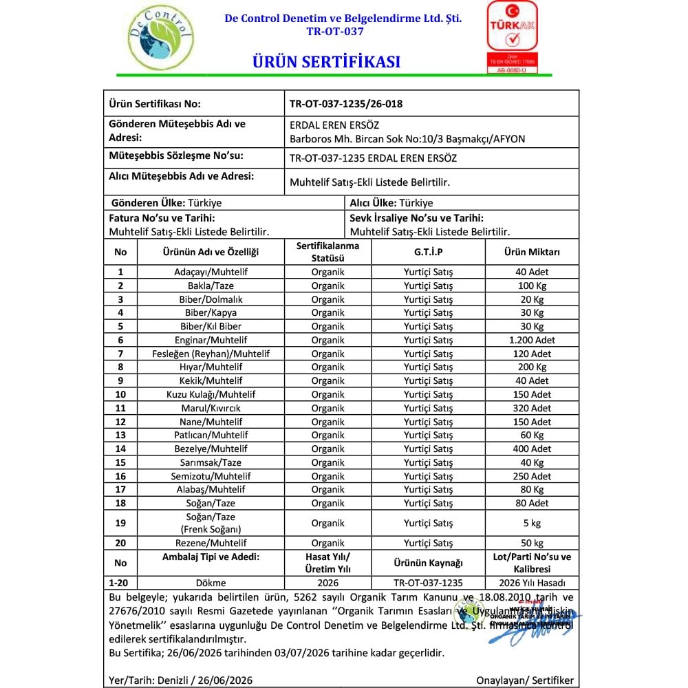 Organik Alabaş (Adet) Ersöz Bahçesi - Afyon