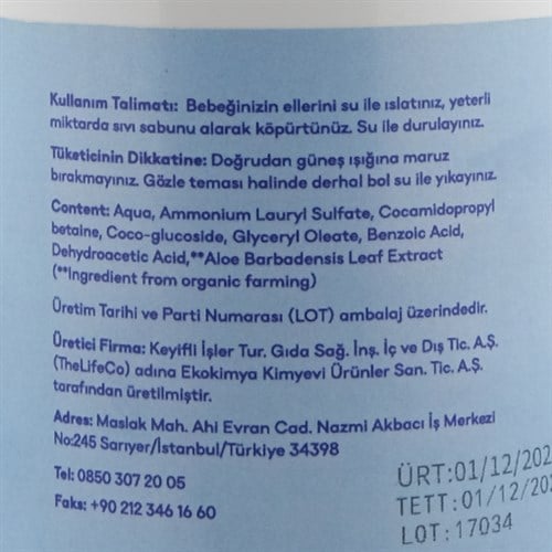 Organik Baby Parfümsüz Sıvı Sabun (500 ml) TheLifeCo