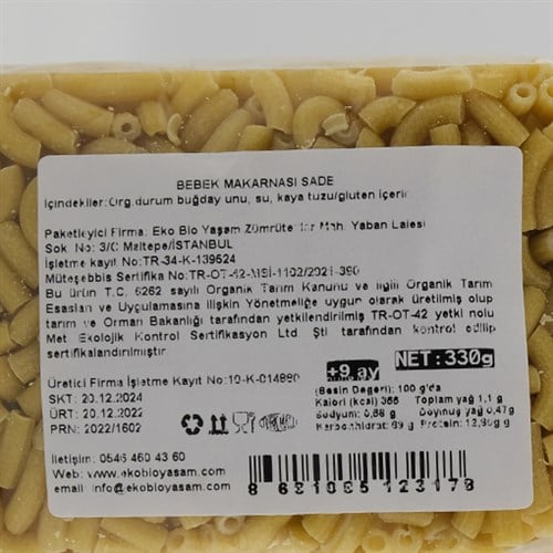 Organik Bebek Makarnası,Sade (330 gr) Bio Yaşam