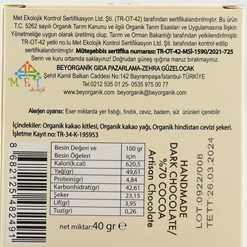 Organik Çikolata Artizan - %70 Bitter (40 gr) Beyorganik