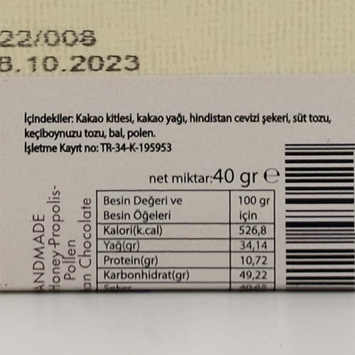 Organik Çikolata Artizan Bal Polen Propolisli (40 gr) Beyorganik
