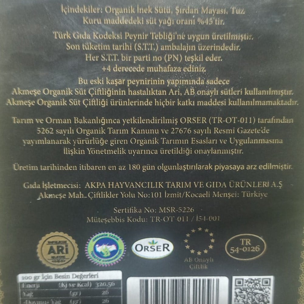Organik Eski Kaşar Peyniri (300 gr) Akmeşe