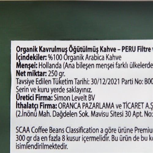 Organik Filtre Kahve,Peru (250 gr), Simon Levelt