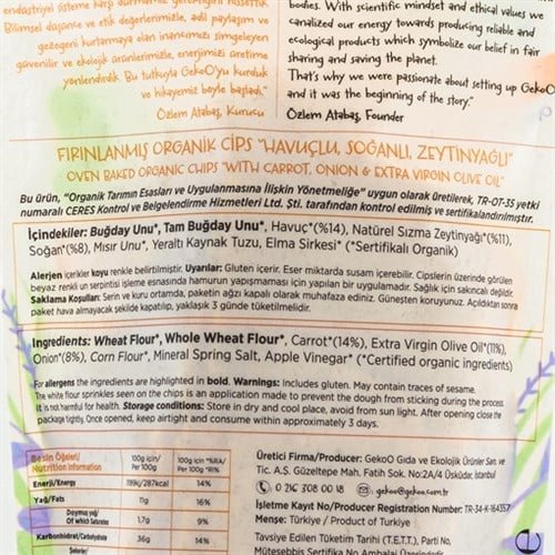 Organik Fırınlanmış Havuç-Soğan-Zeytinyağlı Cips (115 gr) Gekoo