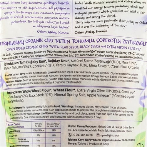 Organik Fırınlanmış Keten Tohumu-Çörekotu-Zeytinyağlı Cips (115 gr) Gekoo