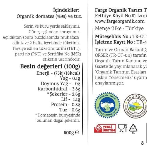 Organik Geleneksel Domates Sosu (600 gr) Farge Organik