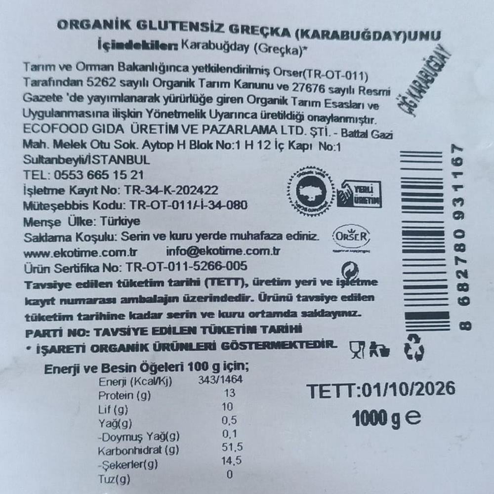 Organik Glutensiz Karabuğday Unu (1 kg) Ekotime