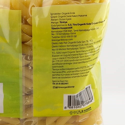 Organik Kalem Makarna (500 gr) S.S Tire Organik Koop.
