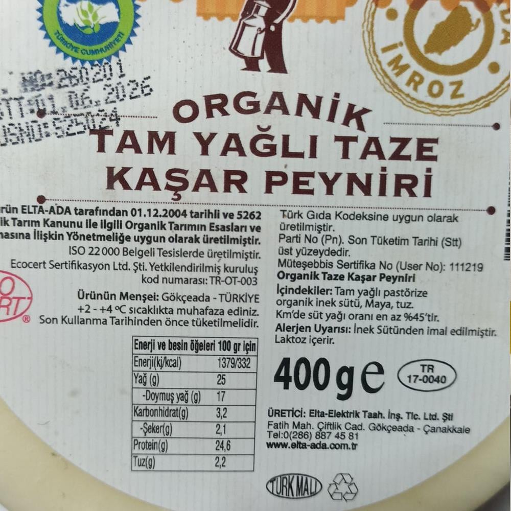 Organik Kaşar Peyniri, Ada (400 gr)