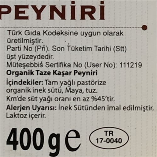Organik Kaşar Peyniri, Ada (400 gr)