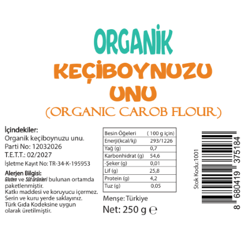 Organik Keçiboynuzu Unu-Jelatin Ambalaj (250 gr) Beyorganik(Pestisit ve Aflatoksin Analizli)