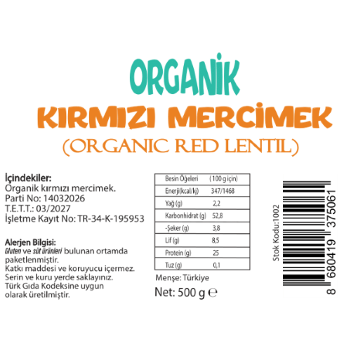 Organik Kırmızı Mercimek (500 gr) Beyorganik(Pestisit ve Aflatoksin Analizli)