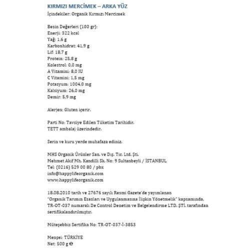 Organik Kırmızı Mercimek (500 gr) Happy Life