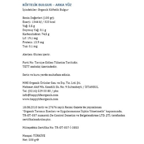 Organik Köftelik Bulgur (500 gr) Happy Life