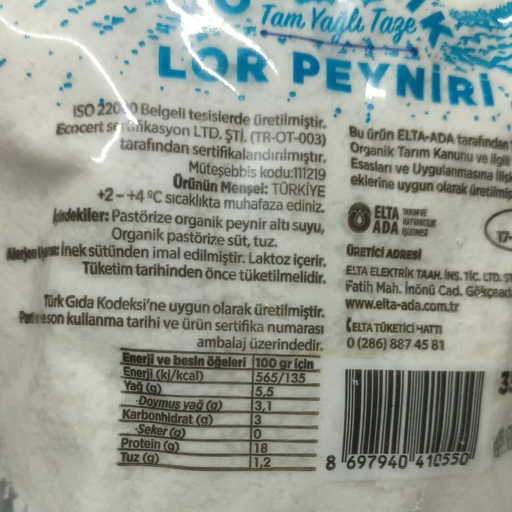 Organik Lor Peynir (350 gr) Ada