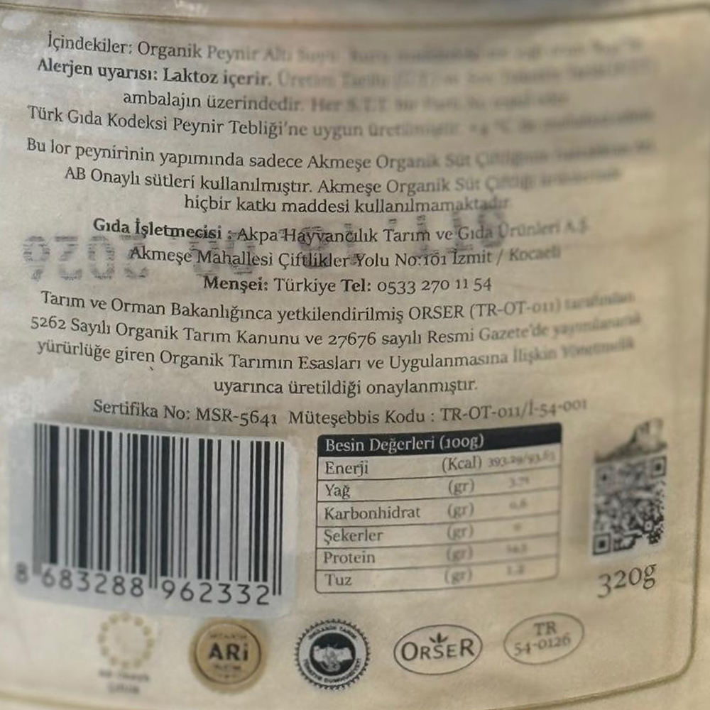 Organik Lor Peyniri (320 gr) Akmeşe