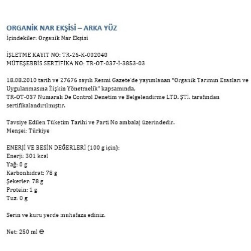 Organik Nar Ekşisi (250 ml) Happy Life