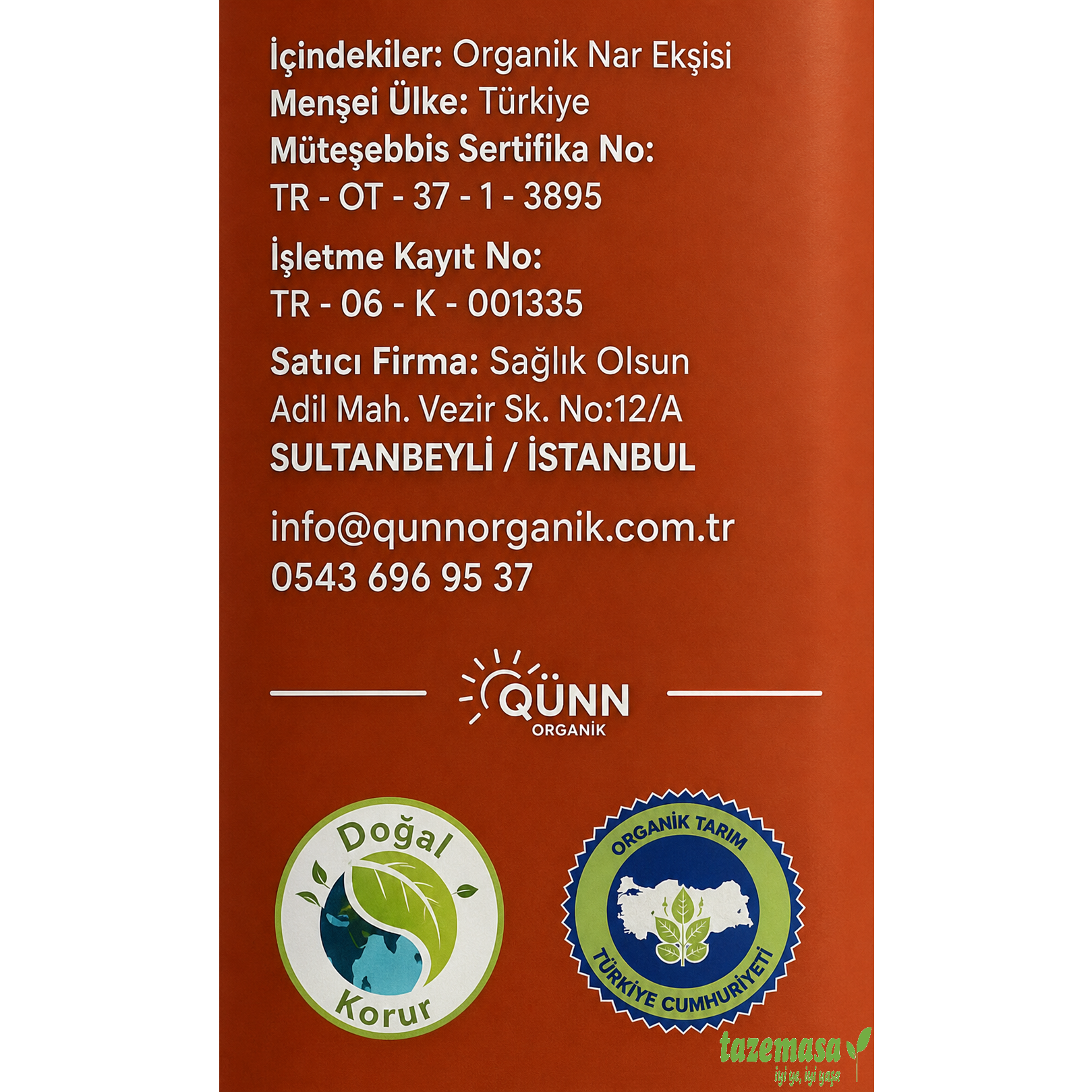 Organik Nar Ekşisi (250 Ml) Qünn