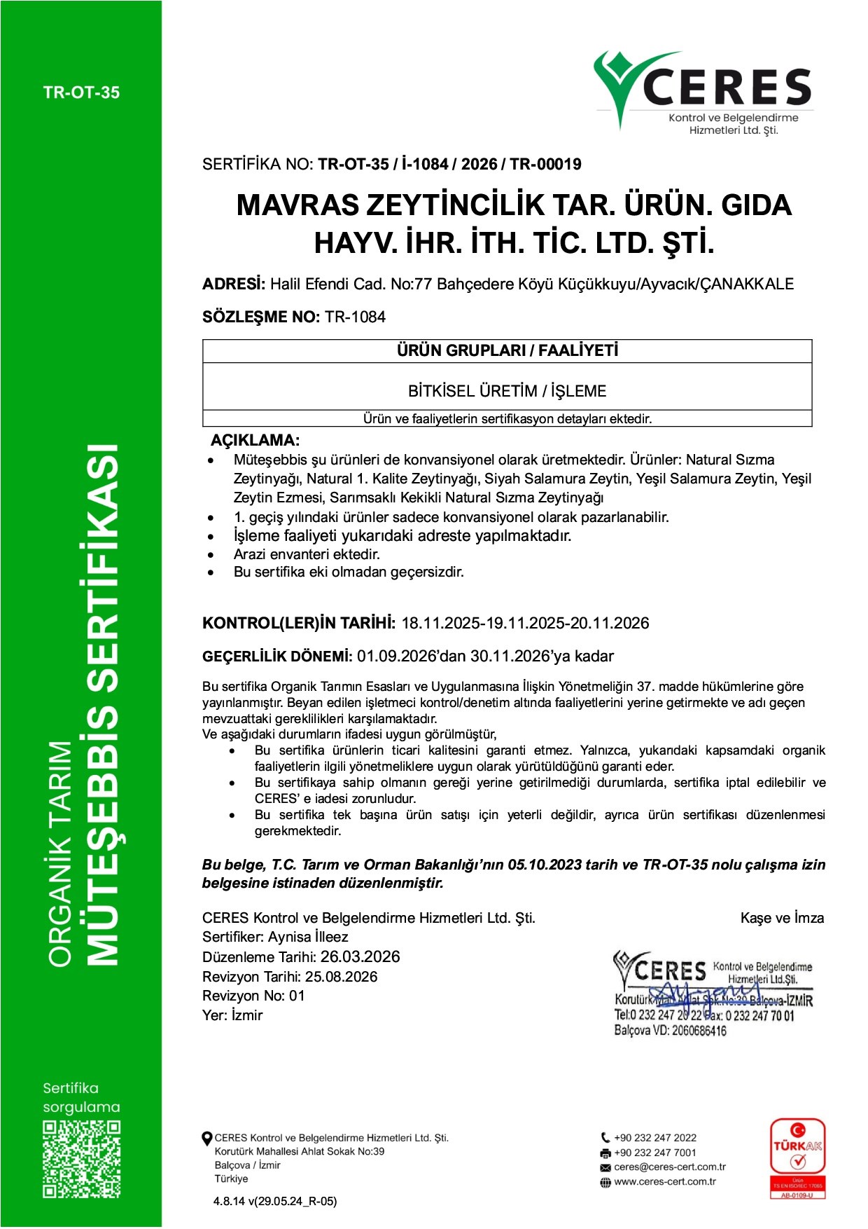 Organik Natürel Birinci Zeytinyağı, Soğuk Sıkım (1 litre) Mavras