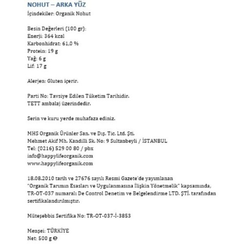 Organik Nohut (500 gr) Happy Life