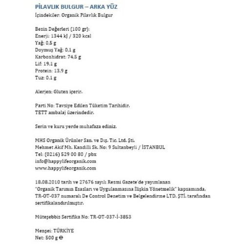 Organik Pilavlık Bulgur (500 gr) Happy Life