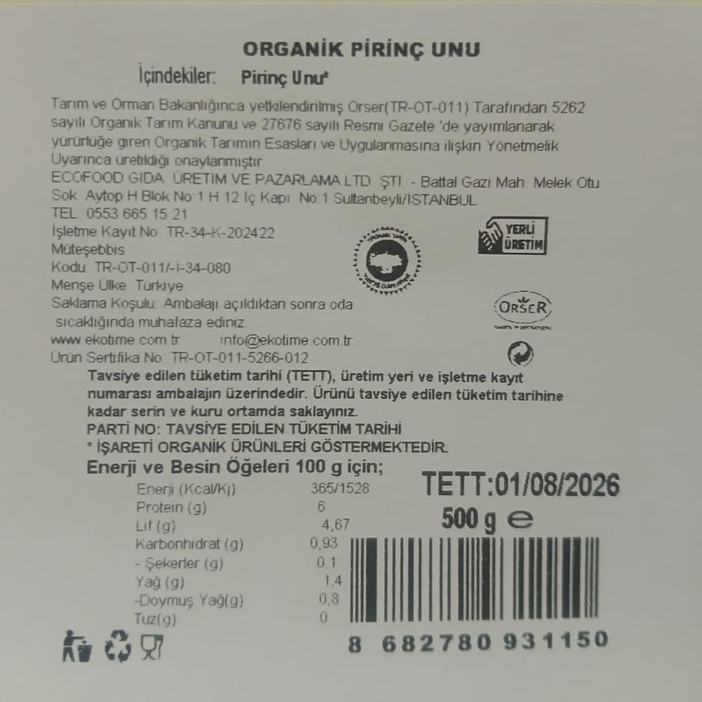 Organik Pirinç Unu (500 gr) Ekotime