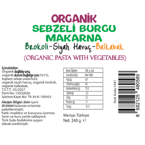 Organik Sebzeli Burgu Makarna Siyah Havuç-Brokoli-Balkabağı (240 gr) Beyorganik(Pestisit ve Aflatoksin Analizli)