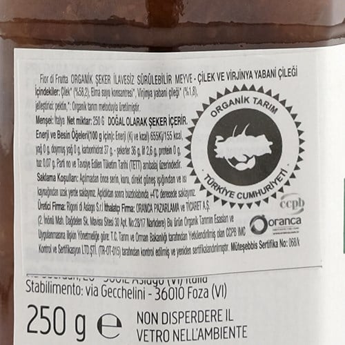 Organik Şeker İlavesiz Sürülebilir Meyve, Çilek & Virjinya Yabani Çileği (250 gr) Rigoni Di Asiago