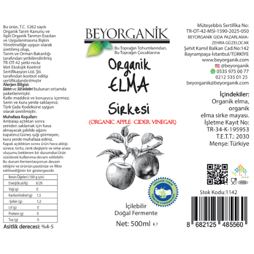 Organik Sirke Elma (500 ml) Beyorganik(Pestisit ve Ağır Metal Analizi)