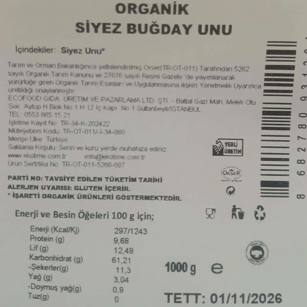 Organik Siyez Buğday Unu (1 kg) Ekotime
