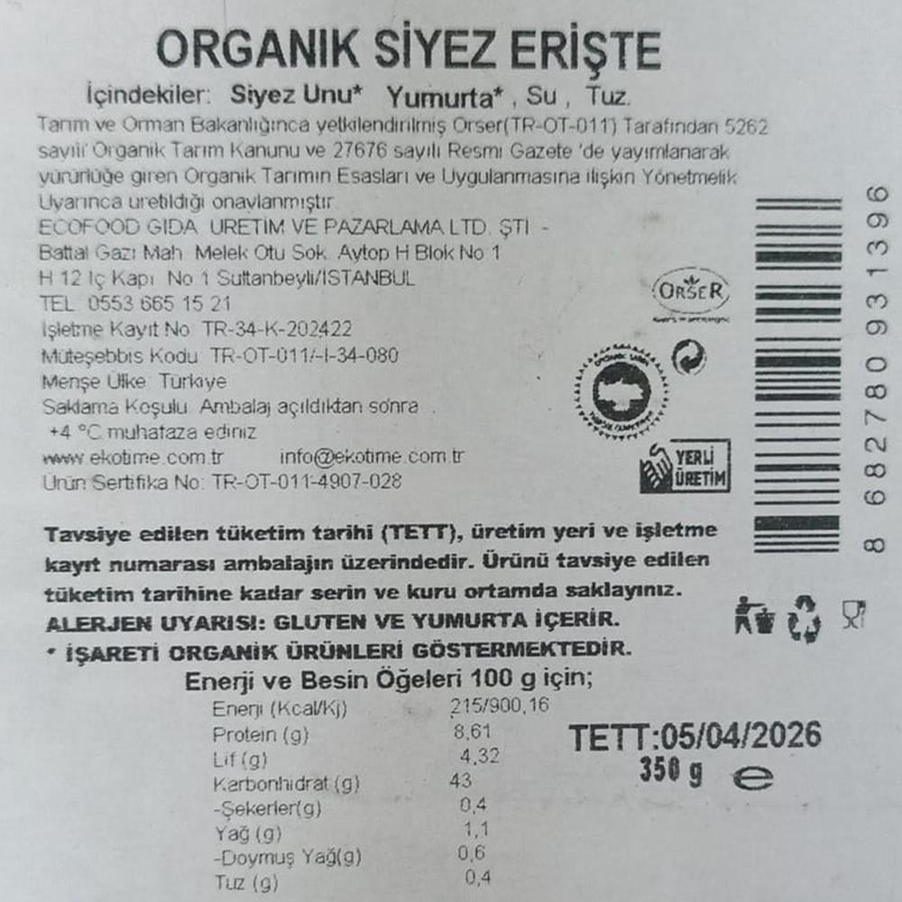 Organik Siyez Buğdaylı Erişte (350 gr) Ekotime