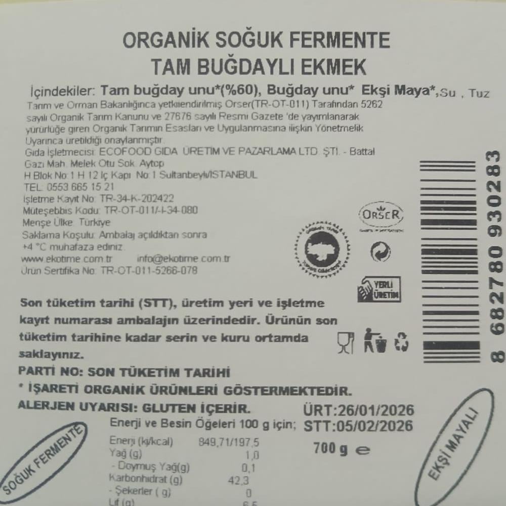 Organik Soğuk Fermente Tam Buğday Ekmek (700 gr) Ekotime