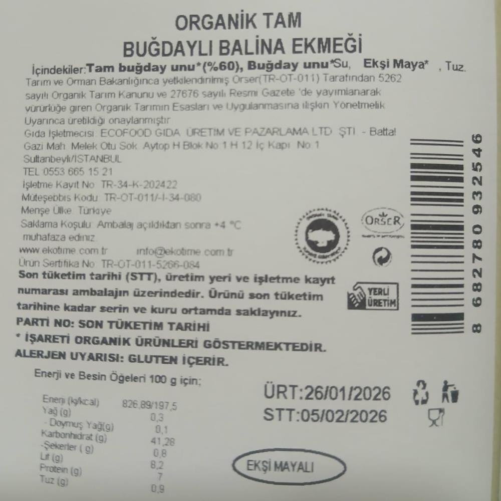 Organik Tam Buğday Balina Ekmek (500 gr) Ekotime