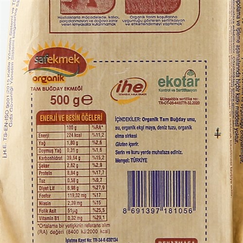 Organik Tam Buğday Ekmeği (500 gr) İhe