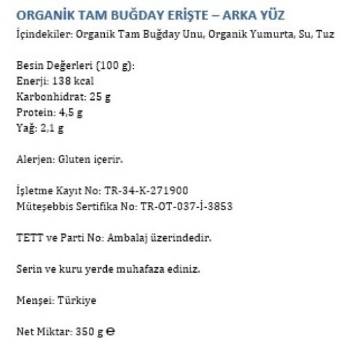 Organik Tam Buğday Erişte (350 gr) Happy Life