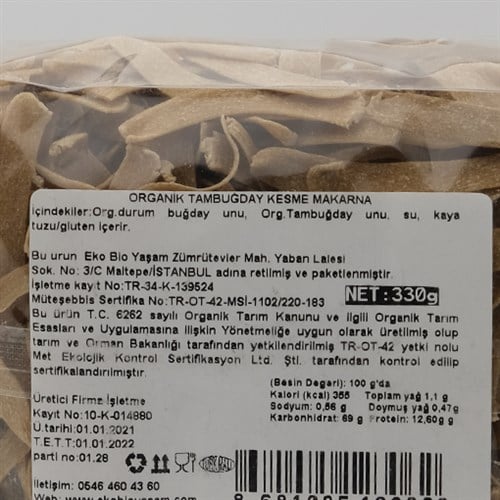 Organik Tam Buğday Kesme Makarna (330 gr) Bio Yaşam