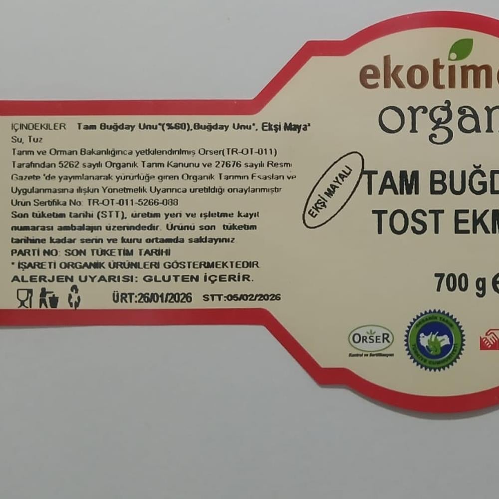 Organik Tam Buğday Tost Ekmek (700 gr)Ekotime