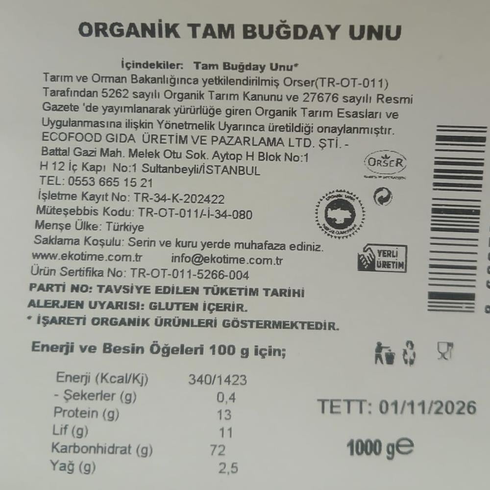 Organik Tam Buğday Unu (1 kg) Ekotime