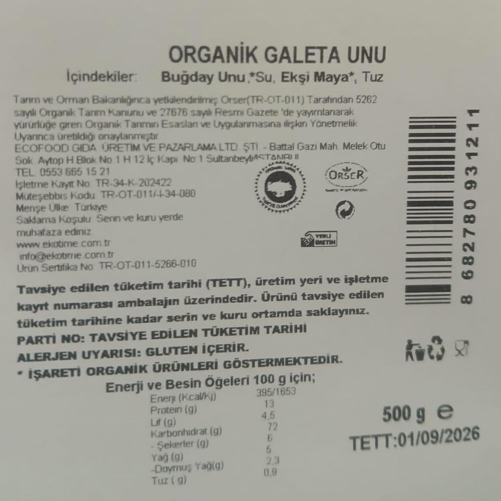 Organik Tam Buğdaylı Galeta Unu (500 gr) Ekotime