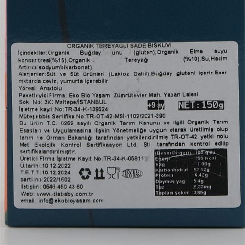 Organik Tereyağlı Sade Bebek Bisküvisi (150 gr) Diababy